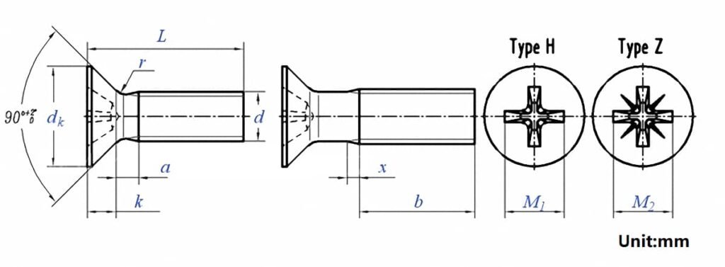 Machine Screws Phillips Flat Head DIN965 Drawing