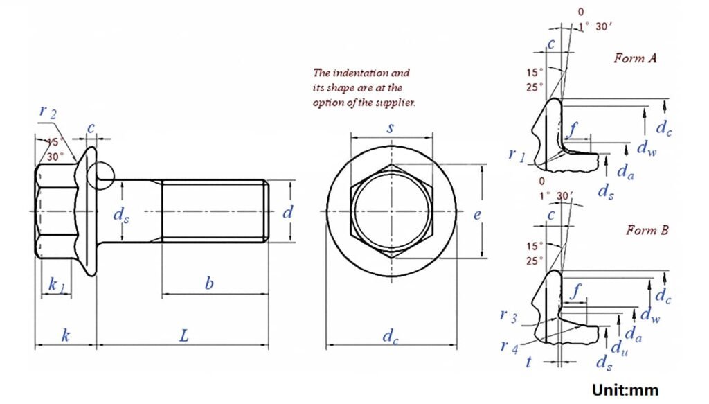 Bolts Hex Flange Fully Threaded DIN6921 Drawing