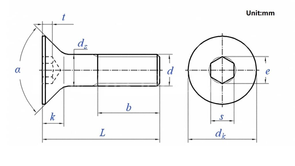 Machine Screws Hex Socket Flat Head Cap DIN7991 Drawing